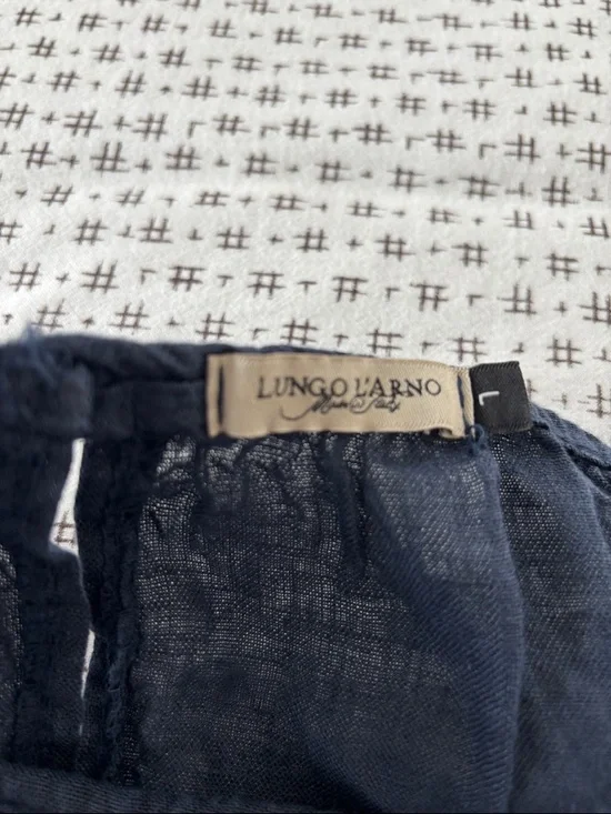 Lungo L’Arno Spaghetti-Strap Sundress, 100% linen, navy, bow on neck, size L - Picture 2 of 7